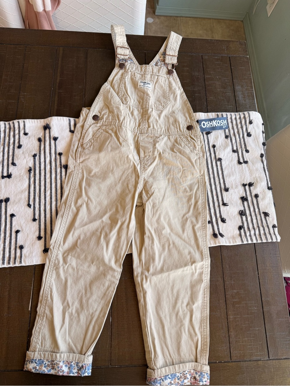 OshKosh B'gosh Tan Girls' Cotton Overalls with Floral Cuff